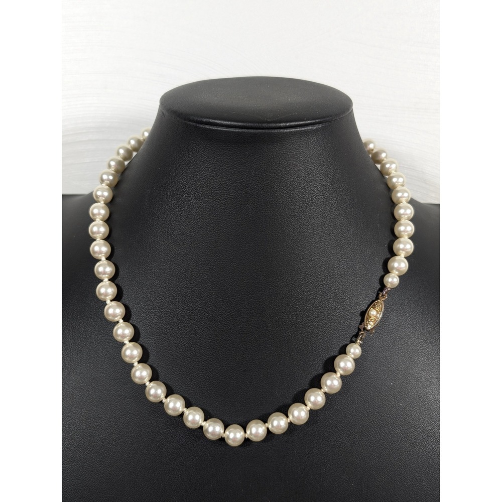 Vintage Glass Faux Pearl Necklace 18" Single Strand Creamy White Knotted Classic